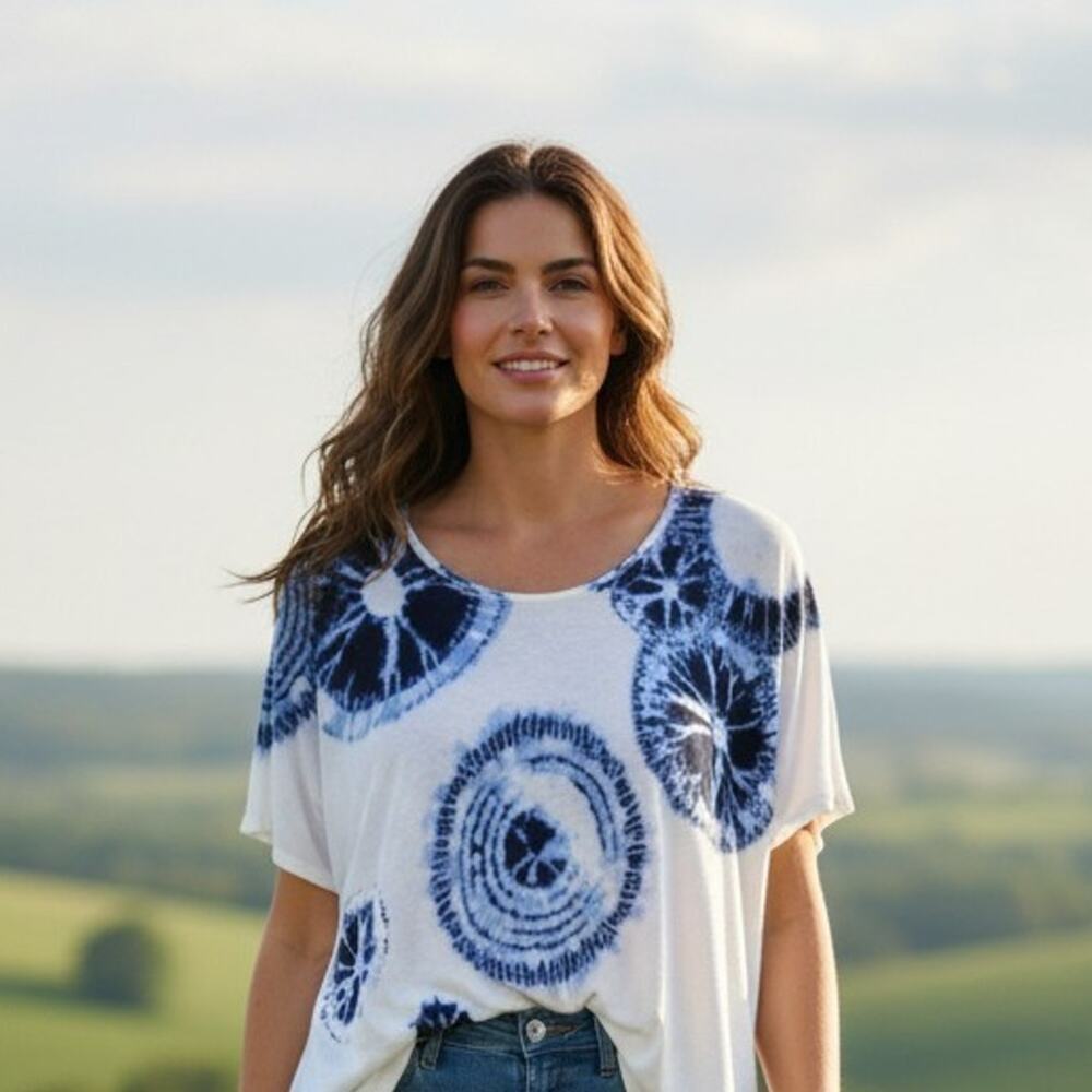 Pure Jill Shirt Womens Medium Blue White Tie Dye Linen Blend Short Sleeve Boho
